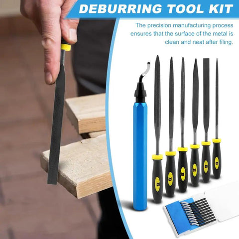 Deburring Tool Kit For DIY Projects With 6 Needle Files And 10 Blades, Professional Deburring Set shown with handle and files on wood surface.