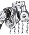 Close-up of Lightweight Aluminum Hand Chain Hoist Plus Manual Cable Tightener For Industrial Lifting Projects With Strong Wire Rope Tension Grip And Easy Lever Block Operation In 0.75T 3M Heavy Duty Setup Now.