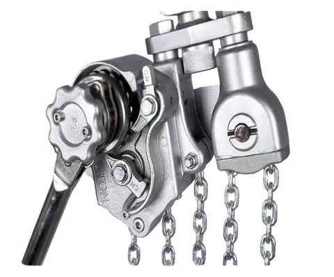 Close-up of Lightweight Aluminum Hand Chain Hoist Plus Manual Cable Tightener For Industrial Lifting Projects With Strong Wire Rope Tension Grip And Easy Lever Block Operation In 0.75T 3M Heavy Duty Setup Now.