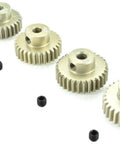 Beefy 48 Pitch Aluminum Pinion Gear Set For 540 And 550 Size Motors With One Eighth Inch Output Shaft Includes 4 Set Screws For RC Cars Trucks And Other RC Vehicle Gears in a row