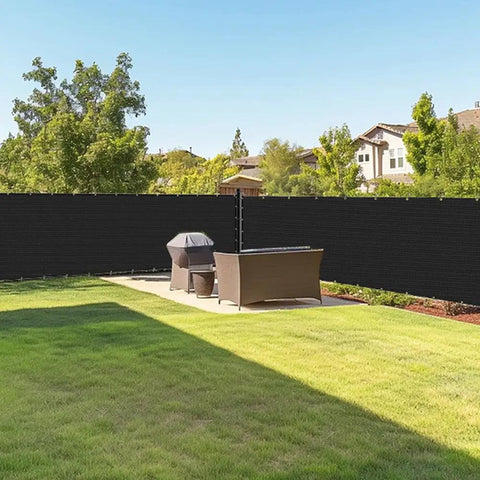 Chain Link Fence Privacy Screen 6 By 50 Feet, 90 Percent Privacy Outdoor Fence Cover With Brass Grommets installed in backyard