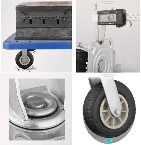Four Pack Heavy Duty Rubber Caster Wheels With Locking Brake And Fixed Set Premium Industrial Casters Smooth Silent Glide grippy tire on blue cart