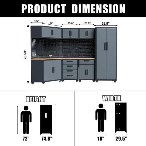 Dimensions of 16 Piece Garage Storage Cabinet System With Corner Cabinets, Workbenches, And Pegboard