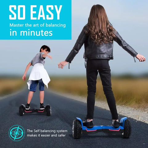Kids riding Warrior 8.5 Inch All Terrain Off Road Scooter with Bluetooth Speakers and LED Lights, self-balancing on road