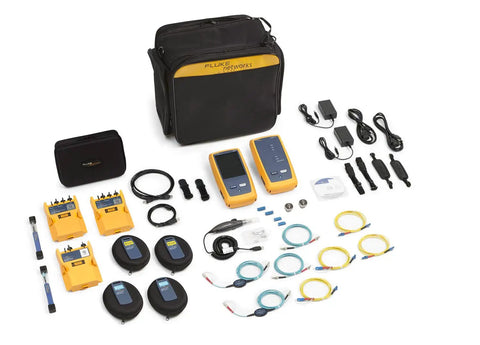 Slick Fiber Optics Testing Kit Hella Versatile With Quad OTDR And OLTS Modules displayed with accessories and tools in a compact bag.
