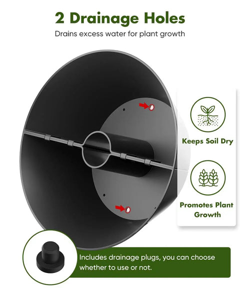 No Fuss 2 In 1 Umbrella Planter For Patio Table And Pole With Umbrella Hole Fits Poles Up To Two Inches Diameter Half Round Flower Pots Wrap Around PVC Post Black showing drainage holes.