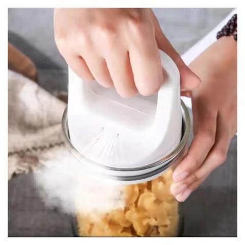 Premium Vacuum Sealed Clear Glass Coffee Bean Canister With Secure Airtight Lid being sealed for freshness.