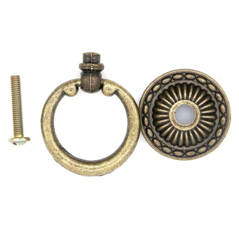 Vintage Antique Brass Ring Pull Handles For Cabinets And Drawers, 10 Pack, Zinc Alloy, Rust Resistant, Round Disk Shield, Thick Ring