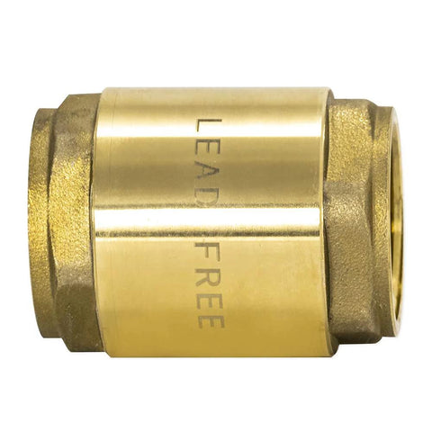 Side view of In Line Check Valve For Water Supply Lines 1 Inch IPS Threaded Connection Brass Body With Stainless Steel Spring For Backflow Prevention And Durable Plumbing Fitting Eastman 20405LF For Residential And Commercial Installations