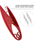 Red thread snips with double-edged replaceable blade from Sewing Seam Ripper Kit With Two Large And Two Small Rippers, Thread Snips And 5 Inch Scissors, Quick Stitch Remover Set For Fabric Repair DIY Alterations And Easy Thread Cuts.
