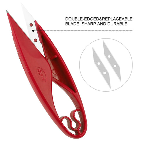Red thread snips with double-edged replaceable blade from Sewing Seam Ripper Kit With Two Large And Two Small Rippers, Thread Snips And 5 Inch Scissors, Quick Stitch Remover Set For Fabric Repair DIY Alterations And Easy Thread Cuts.