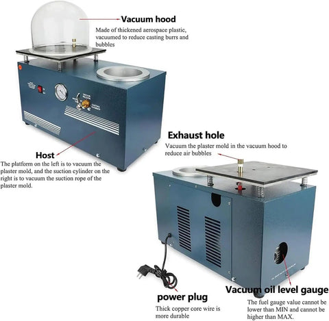 375W Vacuum Casting System With 2L Pump, Precision Gauge, Oil Port, And 11x11 Inch Workbench, showing vacuum hood and exhaust.