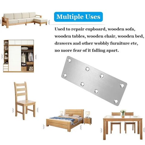 Four Pack Badass Stainless Steel Flat Mending Plates For Wood Diy Fixes And Shelf Building Hella Sturdy Straight Connectors Rust Proof Hardware With Installation Screws in use with furniture.