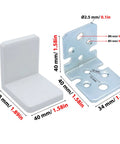 Heavy Duty White L Brackets For Shelves And Cabinets Stainless Steel Corner Supports With Smooth Plastic Caps, size details shown.