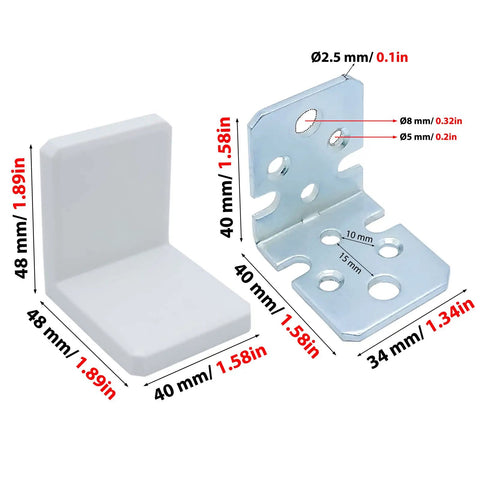 Heavy Duty White L Brackets For Shelves And Cabinets Stainless Steel Corner Supports With Smooth Plastic Caps, size details shown.