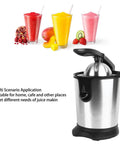Electric Citrus Juicer With Stainless Steel Pulp Control And Large Volume Capacity next to colorful smoothies, ideal for fresh juice.