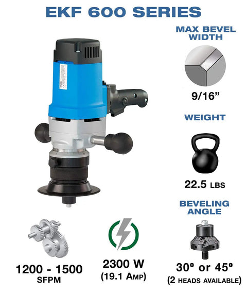 Portable Heavy Duty Power Beveler And Deburring Tool For 45 Degree Weld Seams, 2300 Watt Motor, ergonomic design for comfort, weighs 22.5 lbs.
