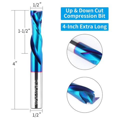 EANOSIC Up-Down compression router bit, 1/2-inch dia, 1/2-inch shank, solid carbide nano blue coating, 4-inch length.