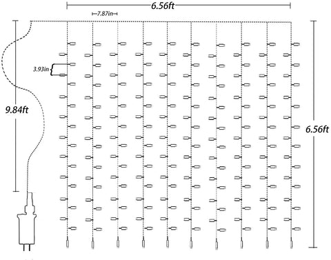 Diagram of Pink Curtain Lights Eight Modes With Memory Function For Window Decor Six Point Six Feet By Six Point Six Feet Led Fairy String Lights showing dimensions.