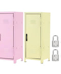 Amp Up Your Desk Setup With This Super Cute Mini Metal Locker Set Of Two Compact Desktop Money Safe With Lock Keys Premium Gloss Stash Box For Cash Jewelry Snacks Light Pink And Yellow, showing mini lockers in pink and yellow with locks and keys.