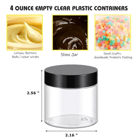 12 Pack 4 Oz Clear Plastic Sample Jars With Heavy Duty Black Screw Top Lids Super Portable Travel Cosmetic Storage Containers Perfect For Giveaways And Retail Displays A Total Bang For Your Buck Value Set
