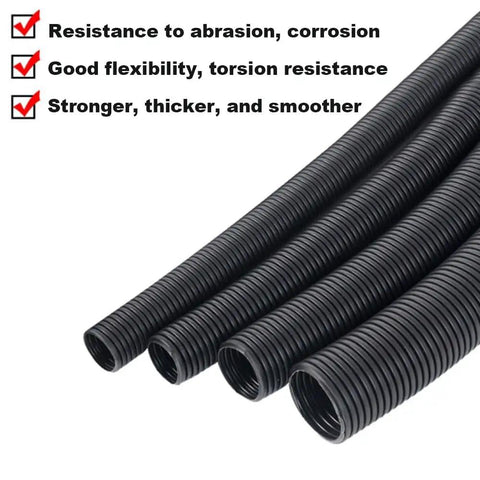 Close-up of four black 30 Ft Split Wire Loom Tubing One Quarter Inch Inner 6mm Outer 9mm Cord Protector For Wires And Cables