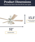 52 Inch Farmhouse LED Ceiling Fan With Light, visible dimensions 52-inch blade span, 13.5-inch height, dual finish blades