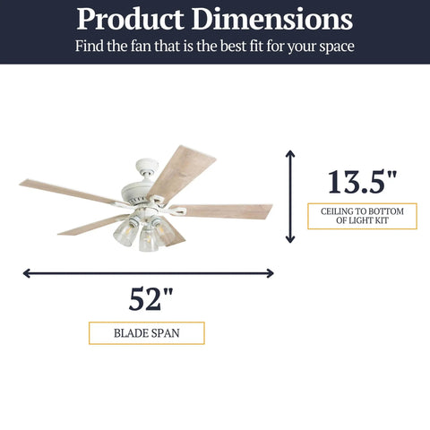 52 Inch Farmhouse LED Ceiling Fan With Light, visible dimensions 52-inch blade span, 13.5-inch height, dual finish blades
