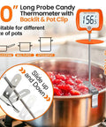 Digital Deep Fry Thermometer With Rotatable Display, 10 Inch Probe, in action over pot of boiling red liquid, pot clip visible.
