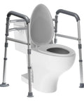 Heavy Duty Toilet Safety Rails Height Adjustable Foldable Frame Zero Hassle Setup For Seniors Handicap And Elderly Users Rigged Tough Holds Up To 350 Lbs Bangin Stable Grip beside a toilet.