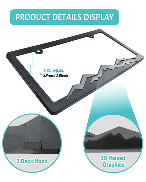 Mountain License Plate Frame Set For Cars And Trucks With Dope 3D Raised Mountain Design Plastic Tag Holder In Gray On Black Finish