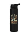 Black water bottle featuring go kart racer design with helmet, "Super Speed" text, reflecting karting theme.