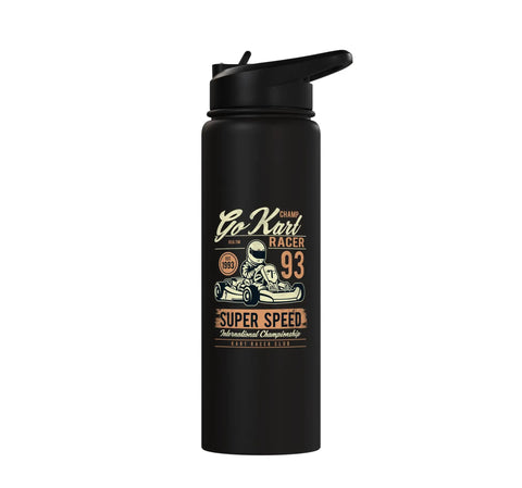 Black water bottle featuring go kart racer design with helmet, "Super Speed" text, reflecting karting theme.