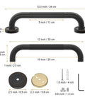 Dimensions and components of Two Pack 12 Inch Anti Slip Shower Grab Bars In Oil Rubbed Black Bronze And Antique Brass Finish, Knurled Safety Handrails