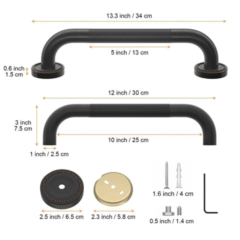 Dimensions and components of Two Pack 12 Inch Anti Slip Shower Grab Bars In Oil Rubbed Black Bronze And Antique Brass Finish, Knurled Safety Handrails