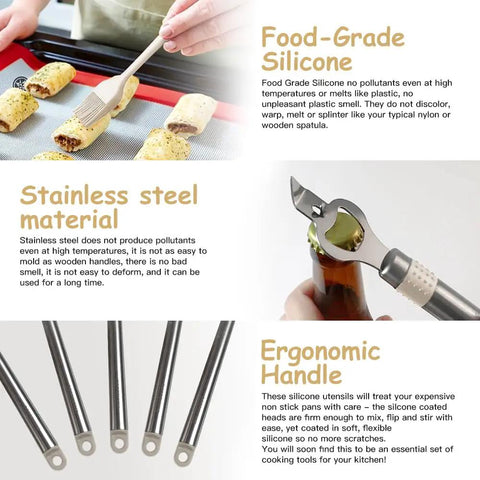 Close-up of 33 Piece Silicone Kitchen Utensil Set For Nonstick Pans With Stainless Steel Tools, showing brush and bottle opener.