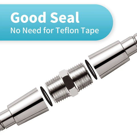 Exploded view of sturdy stainless steel shower hose extension connector 1/2 to 1/2 no leaks fitting with chrome finish.