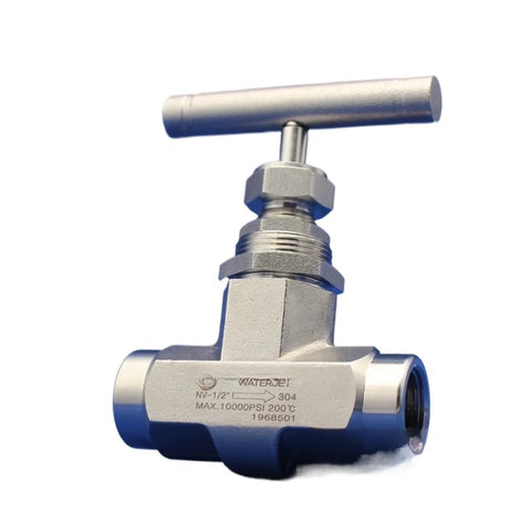 Front view stainless steel needle valve with T-handle; 316 forged body, high-pressure up to 10,000 psi.