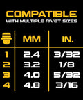 20V Max XR Cordless Rivet Tool Three Sixteenths Inch With Brushless Motor compatible with multiple rivet sizes chart