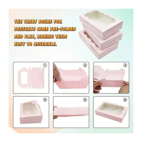 Assembly steps for 20 Pcs Kraft Paper Gift Boxes With Window Rectangle Jewelry And Treat Boxes For Weddings Cakes Chocolates.