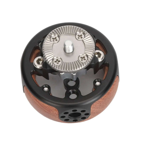 Camera Hand Grip Side Handle with wood grip, CNC aluminum, showing rosette mount, for DSLR cages