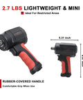 Beefy Half Inch Composite Mini Air Impact Wrench With 8500 RPM And 810 Ft-Lbs Breakaway Torque showing size and handle.