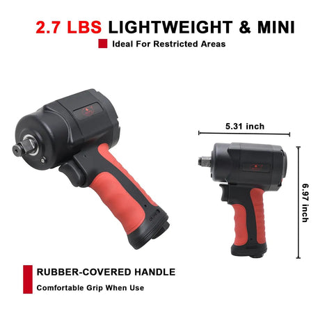 Beefy Half Inch Composite Mini Air Impact Wrench With 8500 RPM And 810 Ft-Lbs Breakaway Torque showing size and handle.