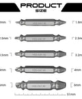 Five different-sized extractors from Damaged Screw Extractor Set For Stripped Screws And Bolts with measurement details