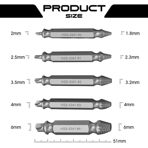 Five different-sized extractors from Damaged Screw Extractor Set For Stripped Screws And Bolts with measurement details