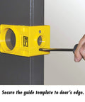 Bi-Metal Lock Installation Kit With Adjustable Guide Template mounted on door for precise drilling