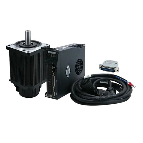 Servo motor and drive controller kit with cable and DB-style connector; black finned housing