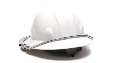 Aluminum Full Brim Hard Hat Face Shield Adapter That Keeps Your Shield Locked In For Real, shown on white hard hat