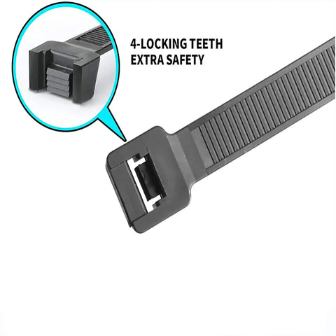 Close-up of Heavy Duty 20 Inch Black Zip Ties showing 4-locking teeth with extra safety detail.