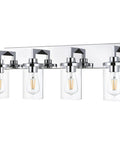 Sleek Chrome Finish Four Light Bathroom Vanity Light Fixture With Clear Glass Shades, Indoor Wall Sconce Lighting For Bedroom